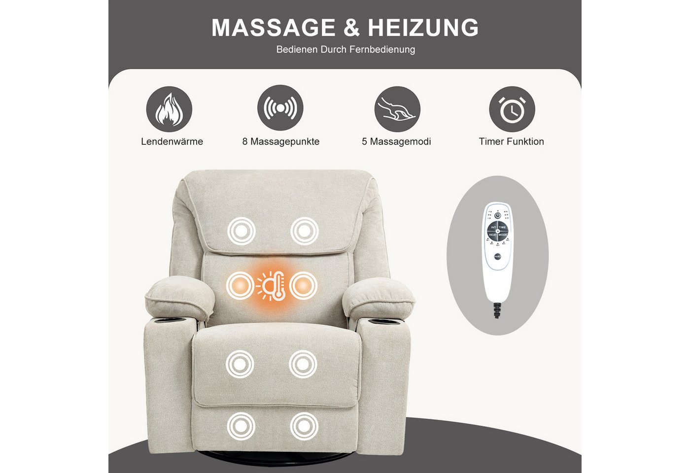 BRTHORY Massagesessel Relaxsessel mit Massagefunktion, Fernsehsessel, 360°drehbar (1-St), Massagesessel mit Liege- und Schaukel-Funktion – Bild 4 von 5