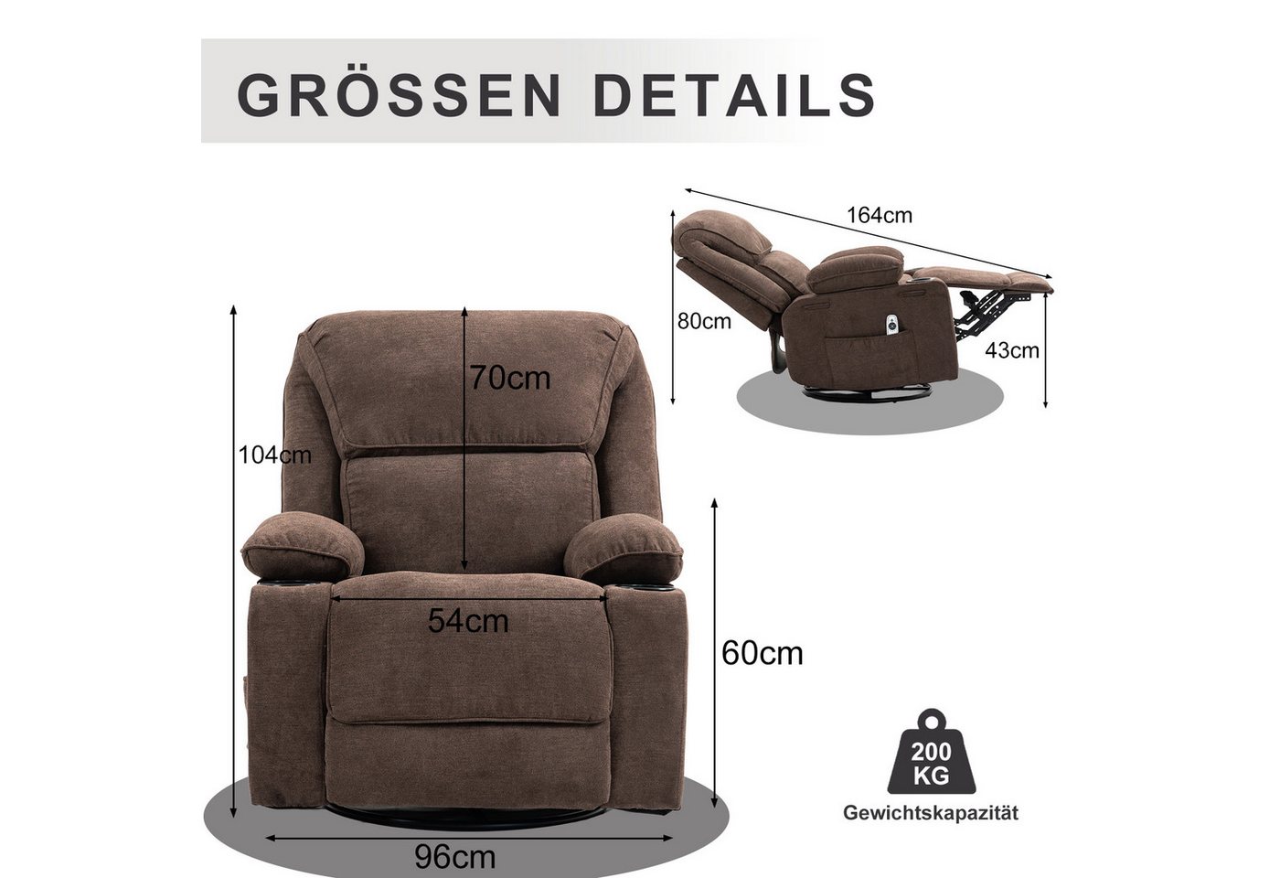 BRTHORY Massagesessel Relaxsessel mit Massagefunktion, Fernsehsessel, 360°drehbar (1-St), Massagesessel mit Liege- und Schaukel-Funktion – Bild 2 von 5