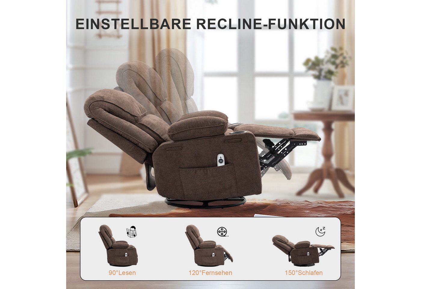 BRTHORY Massagesessel Relaxsessel mit Massagefunktion, Fernsehsessel, 360°drehbar (1-St), Massagesessel mit Liege- und Schaukel-Funktion – Bild 3 von 5