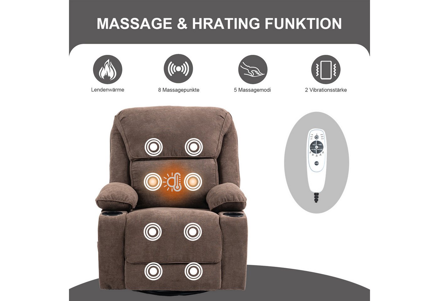 BRTHORY Massagesessel Relaxsessel mit Massagefunktion, Fernsehsessel, 360°drehbar (1-St), Massagesessel mit Liege- und Schaukel-Funktion – Bild 4 von 5