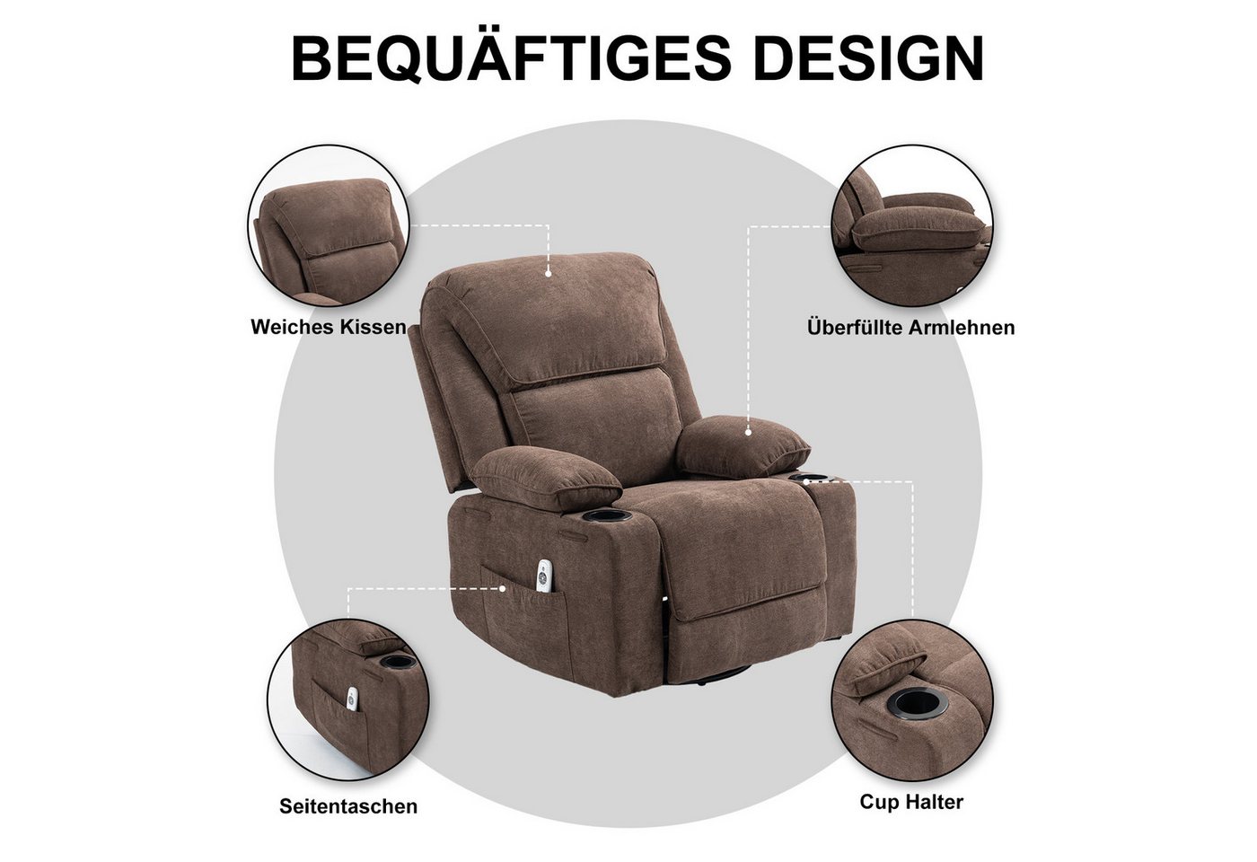 BRTHORY Massagesessel Relaxsessel mit Massagefunktion, Fernsehsessel, 360°drehbar (1-St), Massagesessel mit Liege- und Schaukel-Funktion – Bild 5 von 5