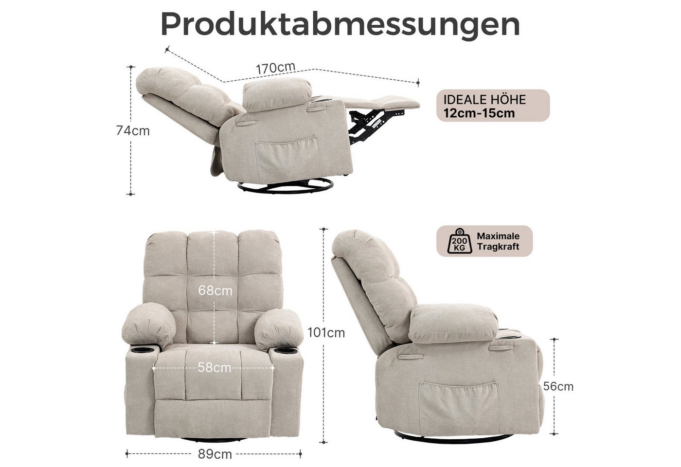BRTHORY Relaxsessel Massagesessel mit 8-Punkt-Vibration & Wärme – 360° Drehung (1-St), Wipp- & Liegefunktion, Bequemer Relaxsessel aus Chenille – Bild 2 von 5