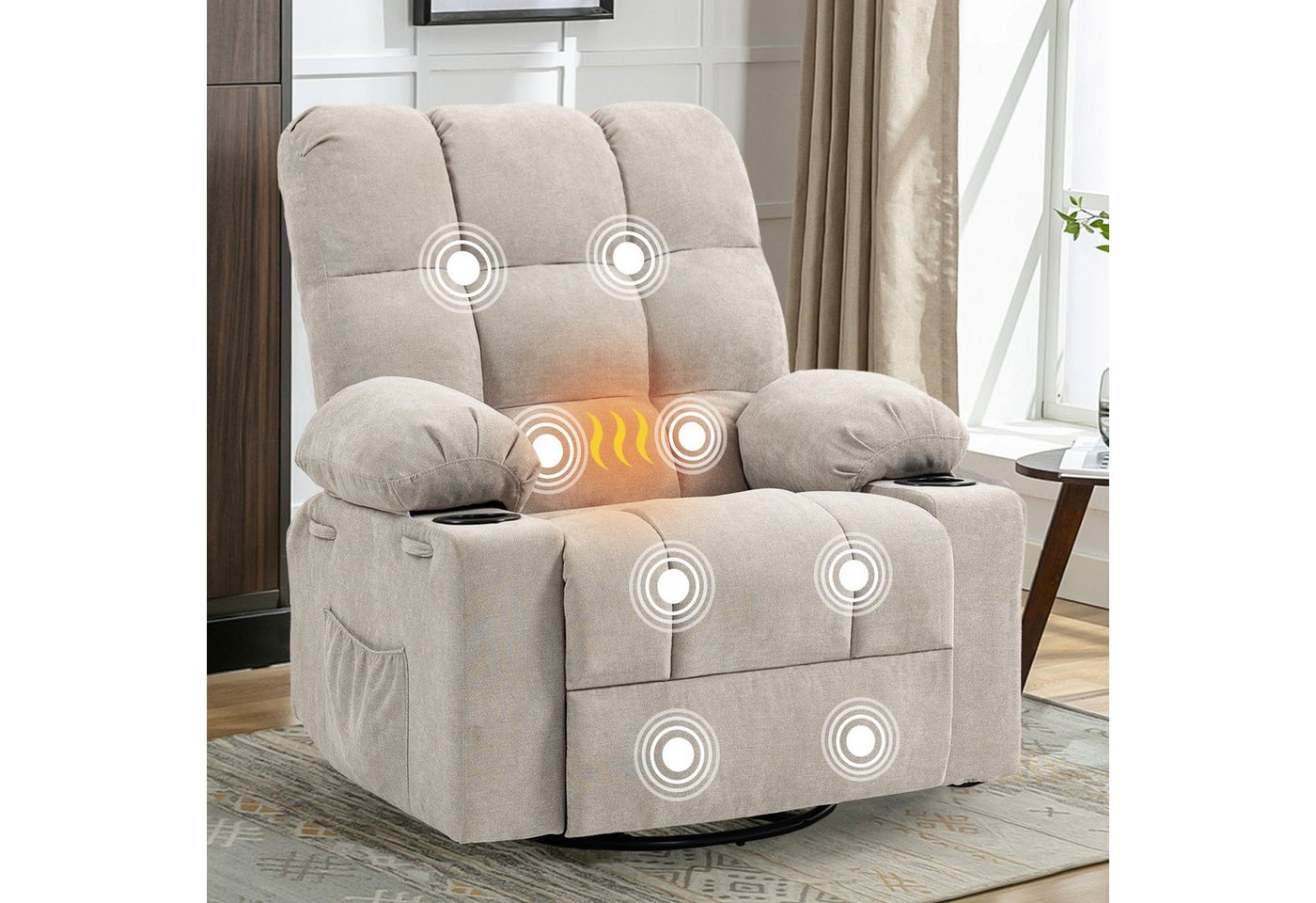 BRTHORY Relaxsessel Massagesessel mit 8-Punkt-Vibration & Wärme – 360° Drehung (1-St), Wipp- & Liegefunktion, Bequemer Relaxsessel aus Chenille – Bild 3 von 5
