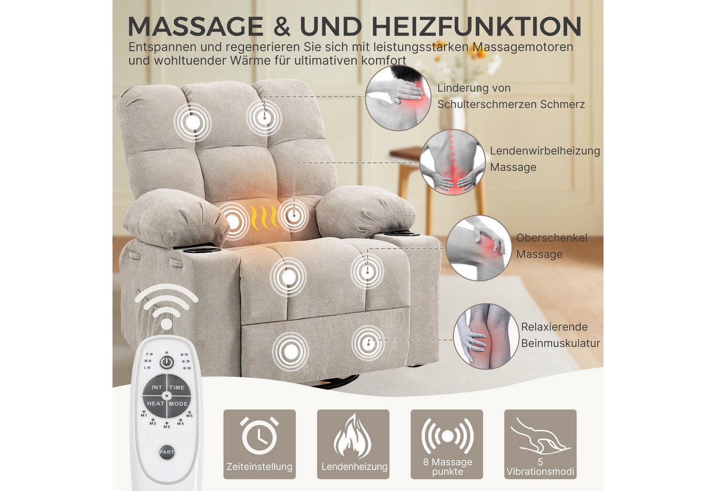 BRTHORY Relaxsessel Massagesessel mit 8-Punkt-Vibration & Wärme – 360° Drehung (1-St), Wipp- & Liegefunktion, Bequemer Relaxsessel aus Chenille – Bild 4 von 5