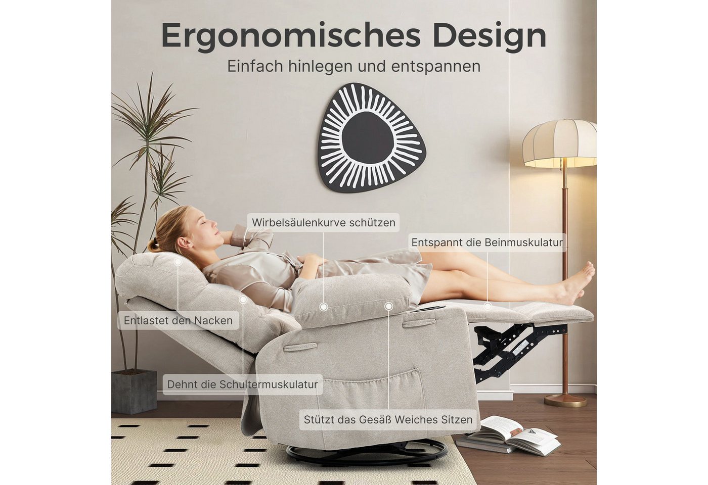 BRTHORY Relaxsessel Massagesessel mit 8-Punkt-Vibration & Wärme – 360° Drehung (1-St), Wipp- & Liegefunktion, Bequemer Relaxsessel aus Chenille – Bild 5 von 5