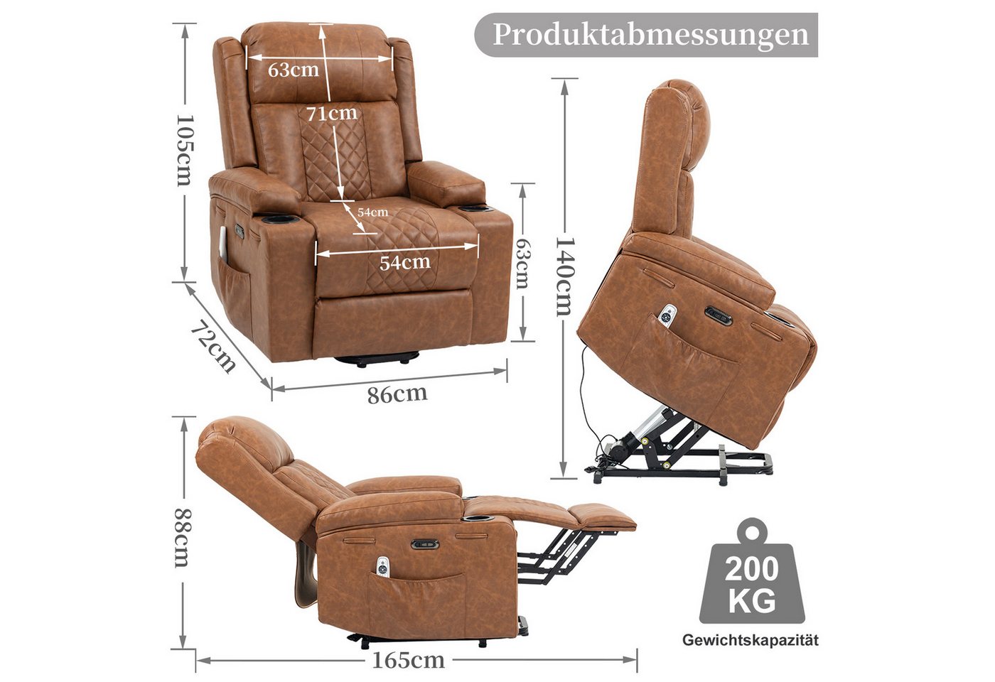BRTHORY Relaxsessel mit Aufstehhilfe, Elektrisch verstellbarer Fernsehsessel (1-St), mit Liegefunktion, Massage- & Wärmefunktion – Bild 2 von 5