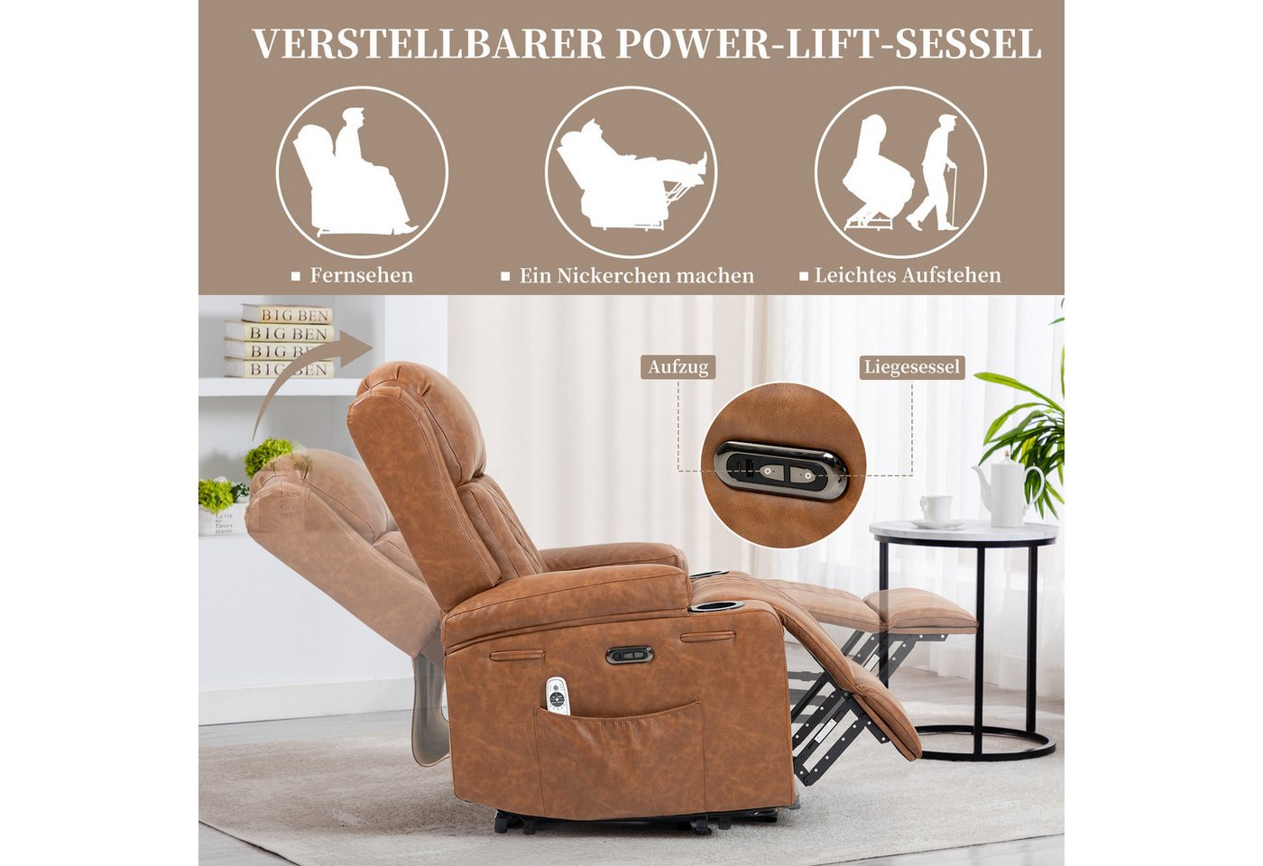 BRTHORY Relaxsessel mit Aufstehhilfe, Elektrisch verstellbarer Fernsehsessel (1-St), mit Liegefunktion, Massage- & Wärmefunktion – Bild 4 von 5