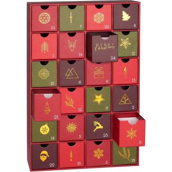BRUBAKER befüllbarer Adventskalender DIY Weihnachtskalender mit 24 Türchen zum Befüllen - Rot Grün Gold (Traditionelles Weihnachten, 1-tlg), Kalender für Gutsch