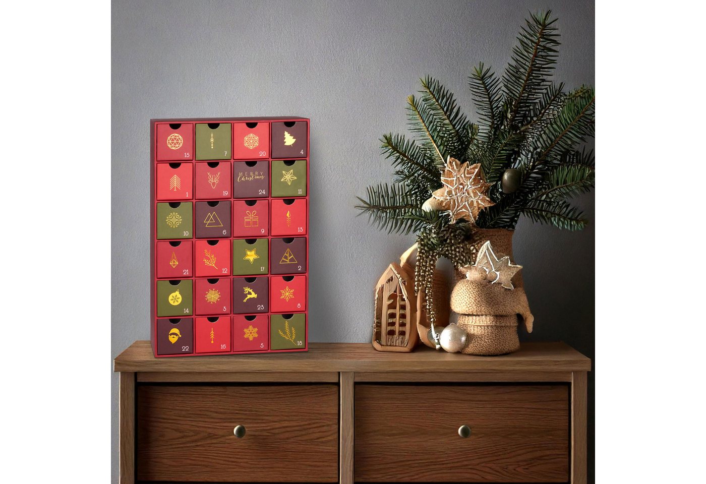 BRUBAKER befüllbarer Adventskalender DIY Weihnachtskalender mit 24 Türchen zum Befüllen - Rot Grün Gold (Traditionelles Weihnachten, 1-tlg), Kalender für Gutsch – Bild 4 von 5
