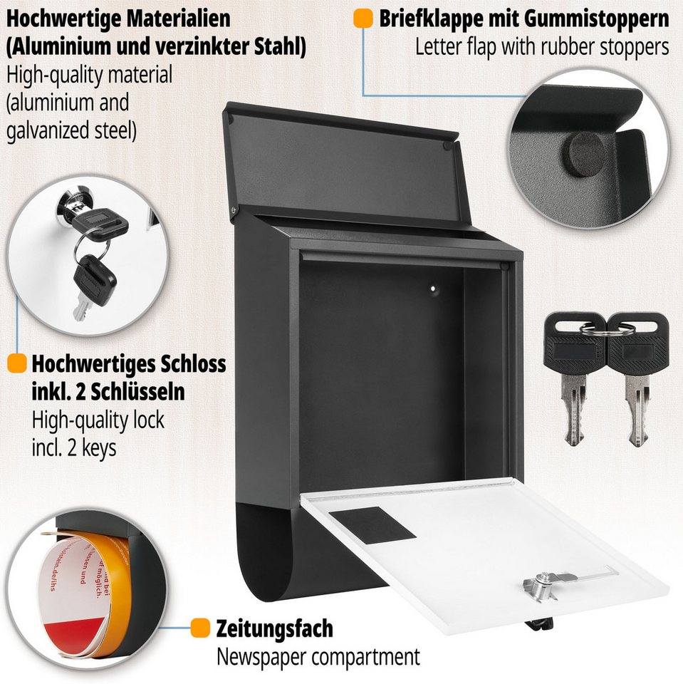 BRUBAKER Briefkasten mit Zeitungsfach - Postkasten mit Zeitungsrolle und Namensschild (1-St., mit 2x Schlüsseln - Anthrazit und Weiß), Großer Wandbriefkasten au – Bild 3 von 5