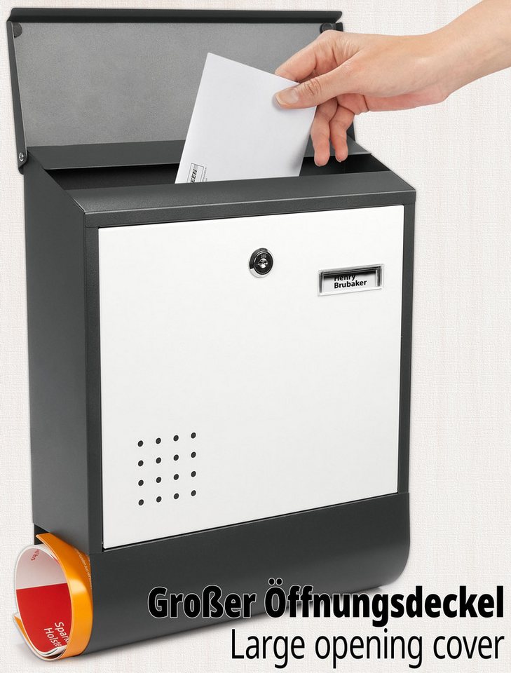 BRUBAKER Briefkasten mit Zeitungsfach - Postkasten mit Zeitungsrolle und Namensschild (1-St., mit 2x Schlüsseln - Anthrazit und Weiß), Großer Wandbriefkasten au – Bild 4 von 5