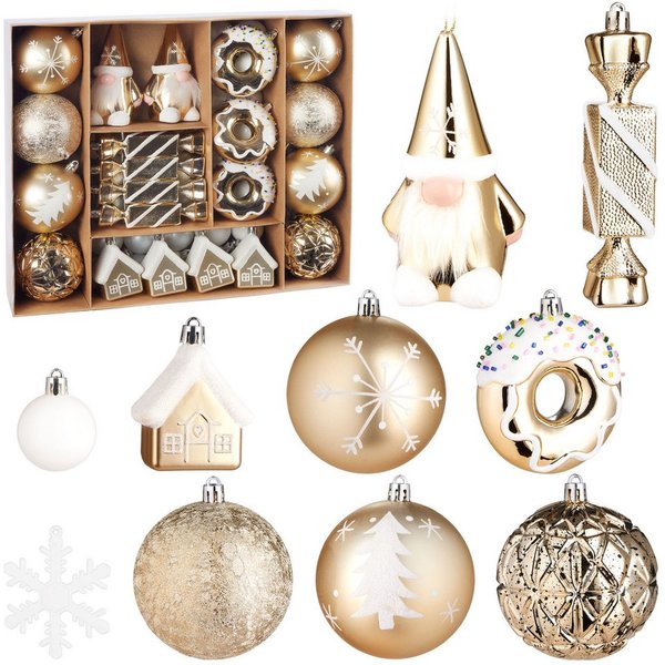 BRUBAKER Christbaumschmuck 64 Stück Christbaumschmuck - Baumschmuck Weihnachtskugel Set (64-tlg), mit Donuts, Häuser, Schneeflocken, Kugeln und Bonbons - Baumku