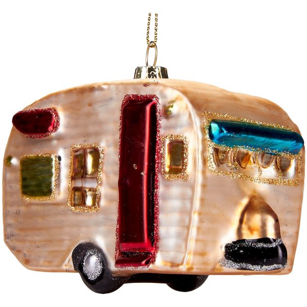 BRUBAKER Christbaumschmuck Mundgeblasene Weihnachtskugel Retro Wohnwagen, schöne Weihnachtsdeko aus Glas, handbemalt - 11 cm