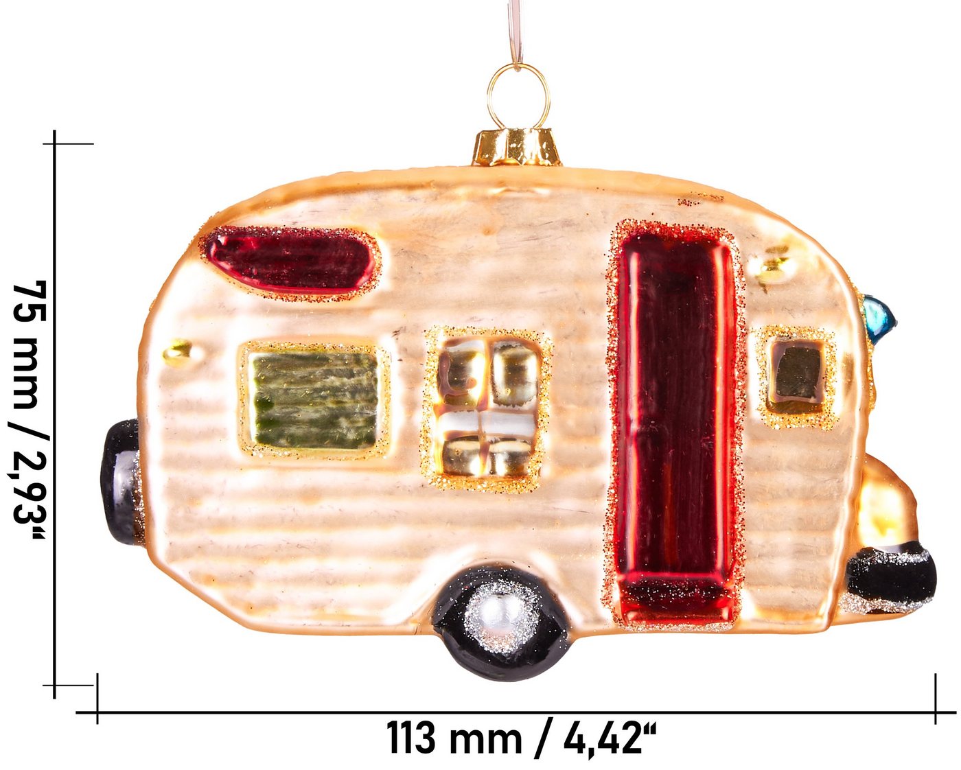 BRUBAKER Christbaumschmuck Mundgeblasene Weihnachtskugel Retro Wohnwagen, schöne Weihnachtsdeko aus Glas, handbemalt - 11 cm – Bild 5 von 5