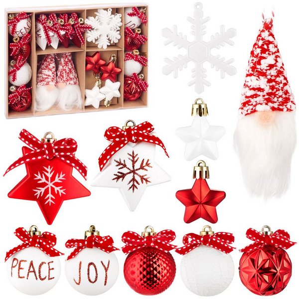 BRUBAKER Christbaumschmuck Rot und Weiß - Weihnachtskugel Set mit Wichtel Zwergen, Schneeflocken (24-tlg), Baumkugeln mit roten Schleifen - Baumschmuck