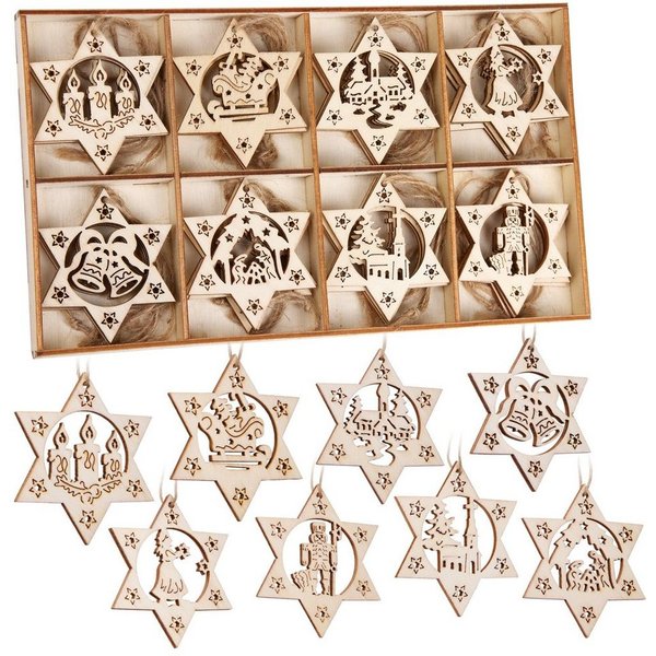 BRUBAKER Christbaumschmuck Weihnachtsbaumschmuck Set (24-tlg), Christbaumanhänger aus Holz - Weihnachtsanhänger zum Basteln Bemalen