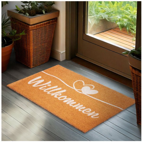 BRUBAKER Fußmatte Willkommen - 45 x 75 cm Schmutzfangmatte mit Herzen - Braun, Rechteckig, Höhe: 16 mm, Fußmatte für Außen und Innen aus Kokos - Wetterfest und 