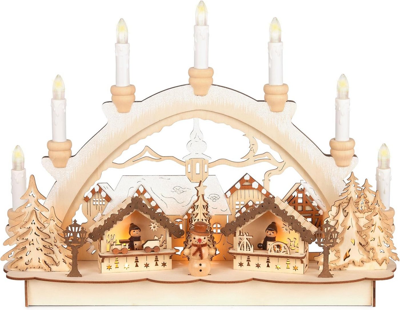 BRUBAKER LED Lichterbogen Schwibbogen mit LED Kerzen - Weihnachtsmarkt - Deko für Fenster, Weihnachtsbeleuchtung aus Holz Natur - Handbemalte Weihnachtsdeko – Bild 2 von 2