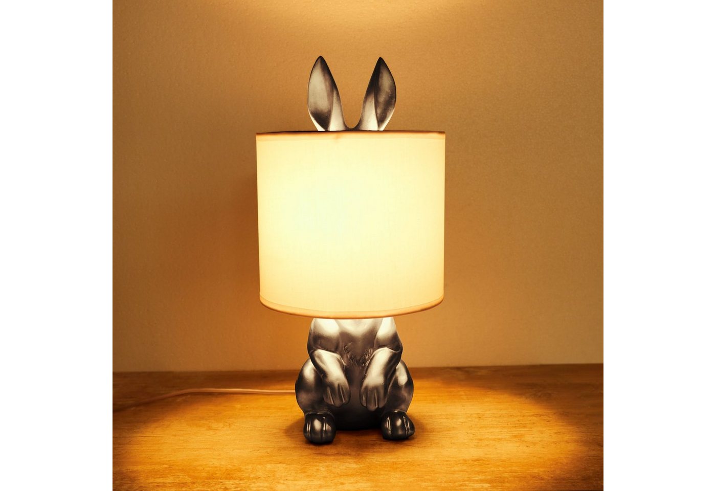 BRUBAKER Nachttischlampe Tischleuchte Hase Gold oder Silber - Tischlampe mit Lampenschirm, ohne Leuchtmittel, Motiv Lampe mit Keramikfuß, Höhe 42 cm – Bild 3 von 5