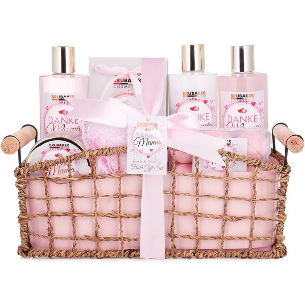BRUBAKER Pflege-Geschenkset Danke Mama - Badeset mit Rosen Vanille Duft, Geschenk für Mama, 13-tlg., Muttertagsgeschenk Beauty Geschenkset in Korb, Mutter Pfleg