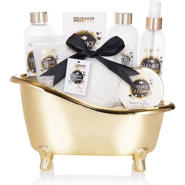 BRUBAKER Pflege-Geschenkset Danke Mama - Dusch- und Badeset mit Rosen Vanille Duft, 8-tlg., Geschenkset in Wanne - Badeset Geschenk für die Mutter - Gold Weiß