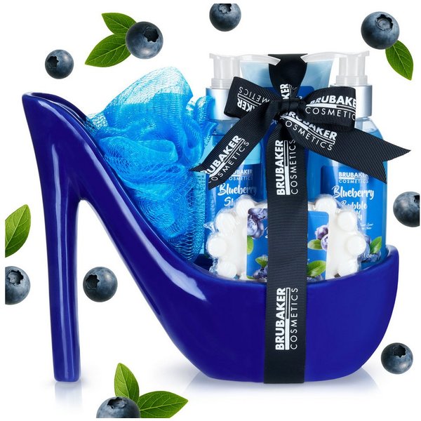 BRUBAKER Pflege-Geschenkset Dusch- und Badeset, Pflegeset - High Heel Blau, 6-tlg., Wellness Beauty Geschenkset in Keramik Stiletto, Blaubeeren Duft
