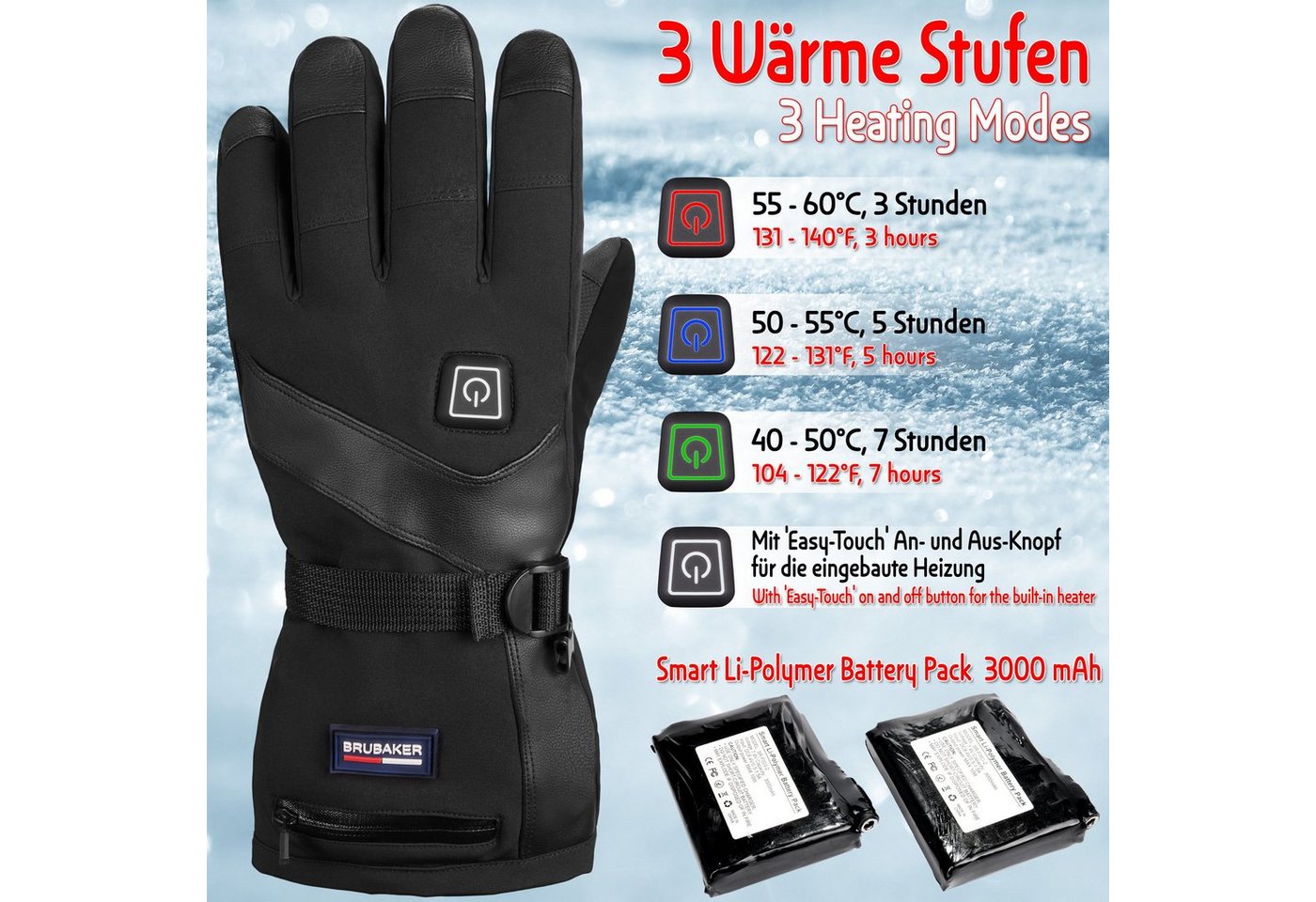 BRUBAKER Skihandschuhe Beheizbare Thermo Handschuhe mit Akku (1-St., mit Reißverschluss-Tasche) 3 Stufen Temperaturregler Wasserdicht und Winddicht – Winterhand – Bild 3 von 5