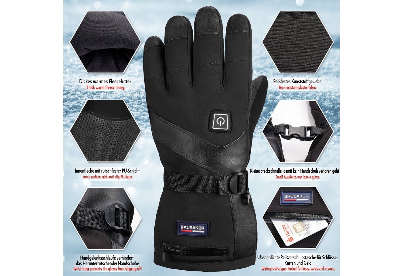 BRUBAKER Skihandschuhe Beheizbare Thermo Handschuhe mit Akku (1-St., mit Reißverschluss-Tasche) 3 Stufen Temperaturregler Wasserdicht und Winddicht – Winterhand – Bild 4 von 5