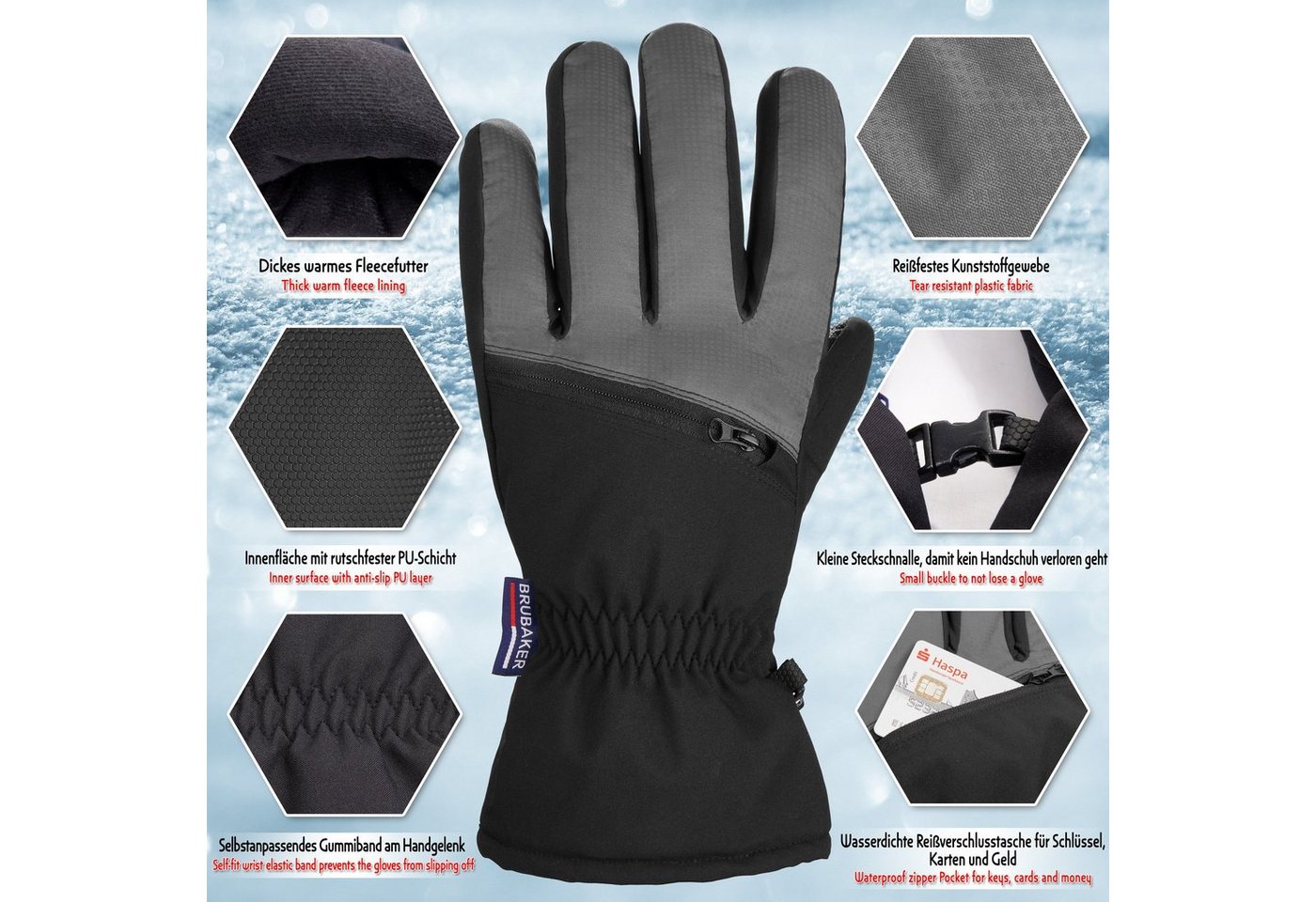 BRUBAKER Skihandschuhe Wasserdicht & Winddicht mit Reißverschluss Tasche (1-St) Winterhandschuhe für Herren und Damen - Thermo Snowboardhandschuhe - – Bild 2 von 4