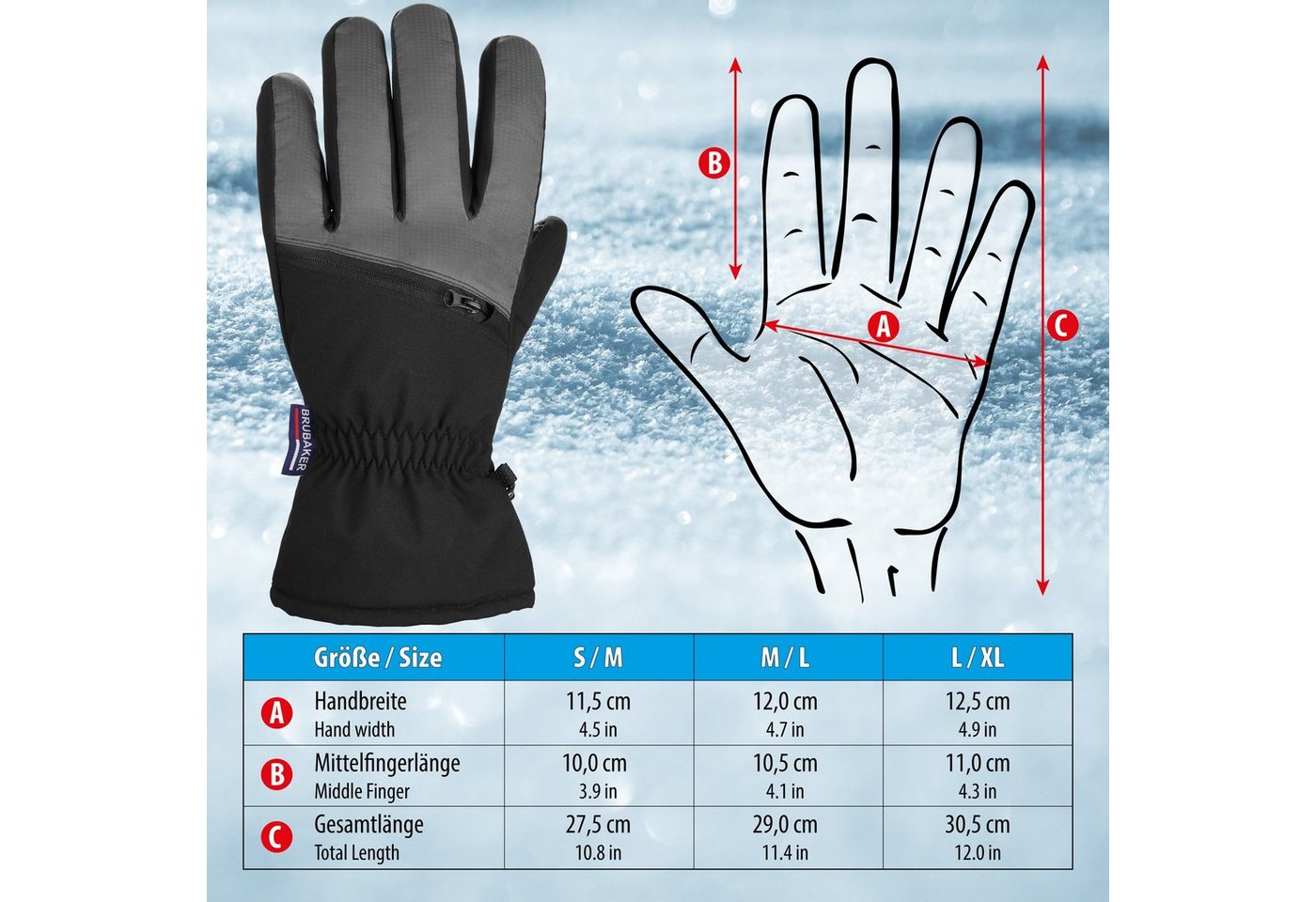 BRUBAKER Skihandschuhe Wasserdicht & Winddicht mit Reißverschluss Tasche (1-St) Winterhandschuhe für Herren und Damen - Thermo Snowboardhandschuhe - – Bild 4 von 4