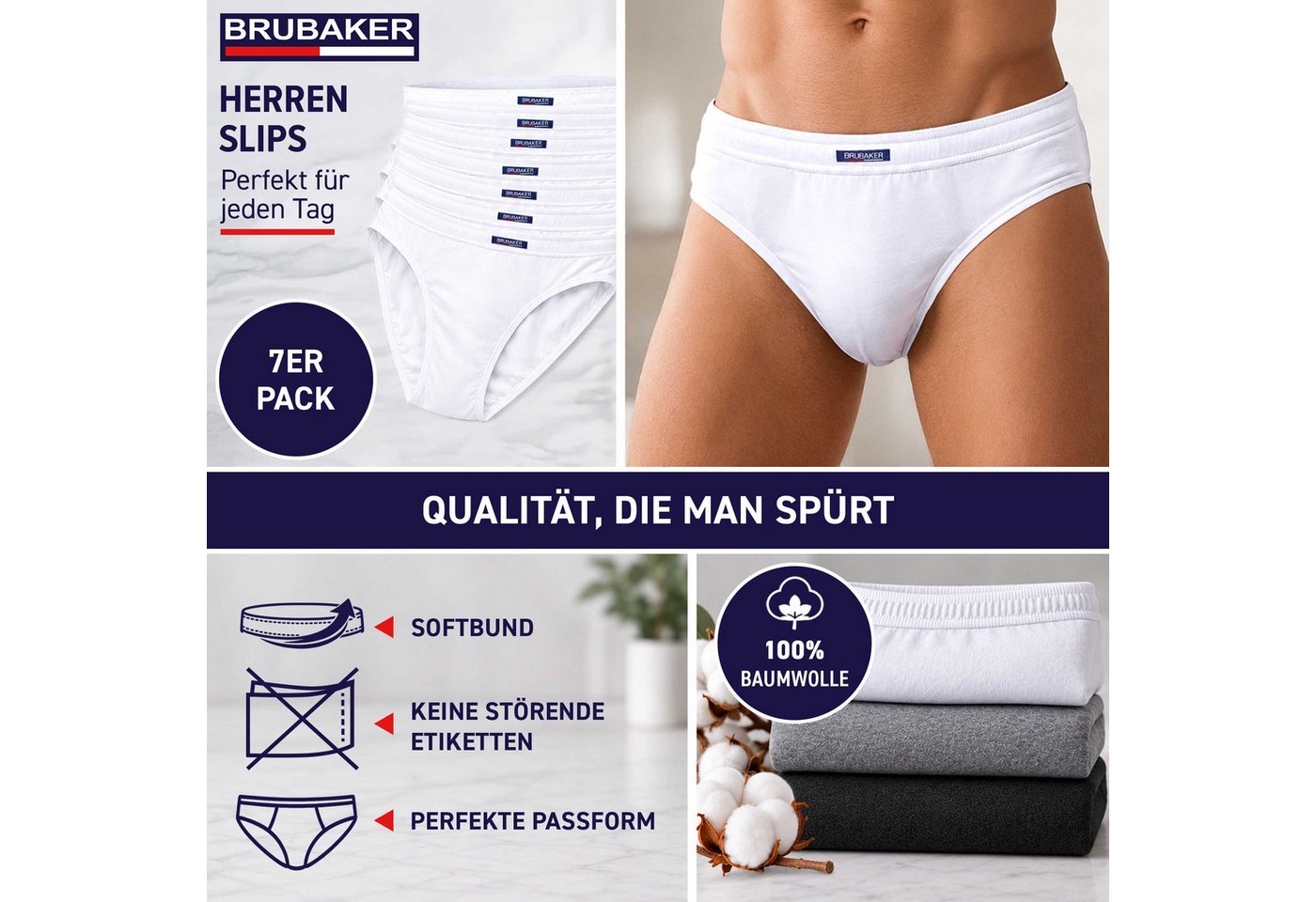 BRUBAKER Slip Herren Unterhose aus Baumwolle (Spar-Pack, 7-St., 7er-Pack) Großpackung Männer Unterwäsche, sehr bequeme Passform – Bild 2 von 5