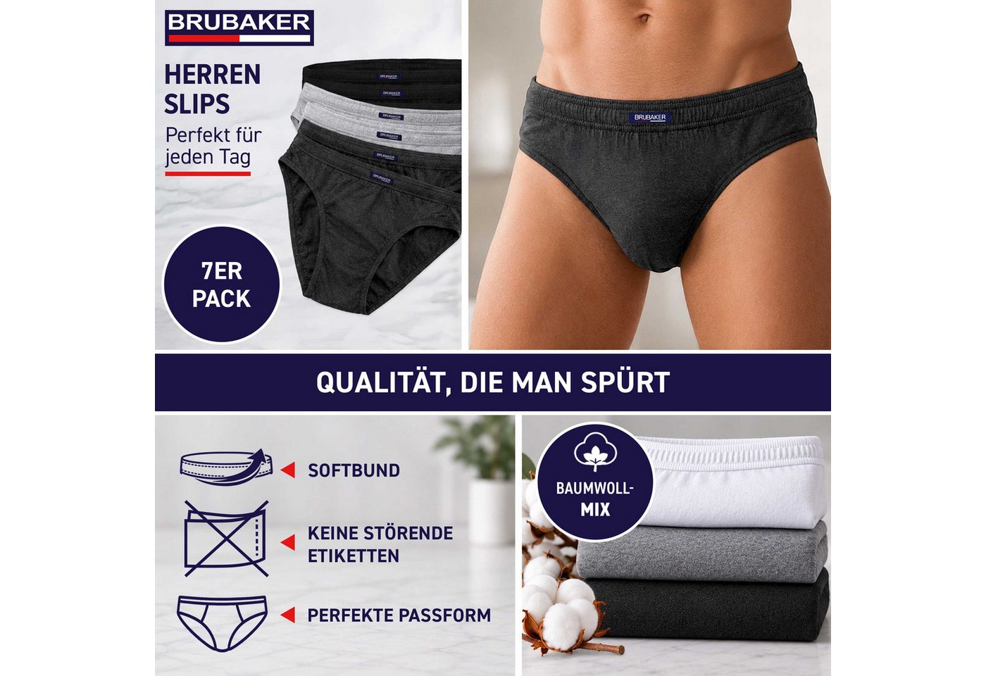 BRUBAKER Slip Herren Unterhose aus Baumwolle (Spar-Pack, 7-St., 7er-Pack) Großpackung Männer Unterwäsche, sehr bequeme Passform – Bild 2 von 5