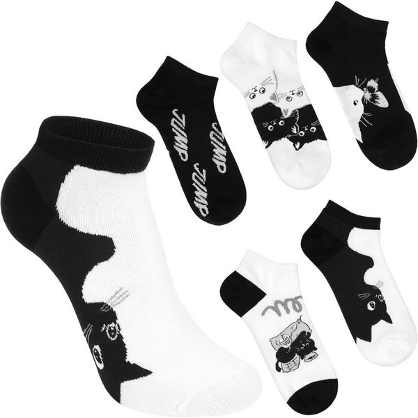 BRUBAKER Socken Damen Knöchelsocken mit süßen Kätzchen (Schwarz und Weiß, 5-Paar, Feel Good Damensocken mit Katzenmotiven) Sneakersocken Geschenk Set für Frauen