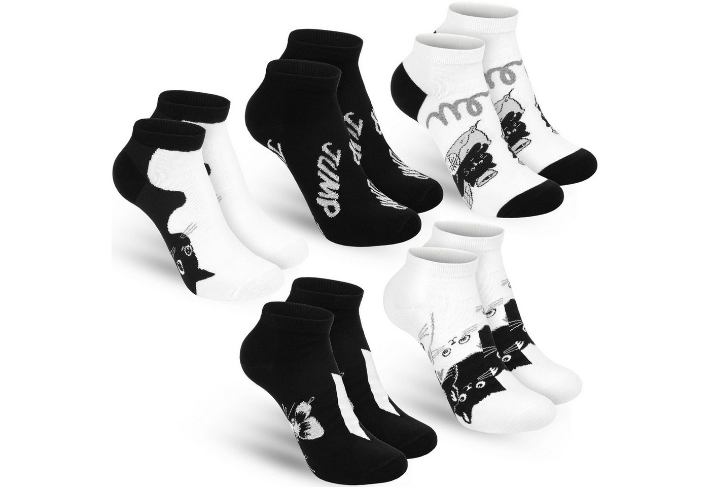 BRUBAKER Socken Damen Knöchelsocken mit süßen Kätzchen (Schwarz und Weiß, 5-Paar, Feel Good Damensocken mit Katzenmotiven) Sneakersocken Geschenk Set für Frauen – Bild 2 von 5