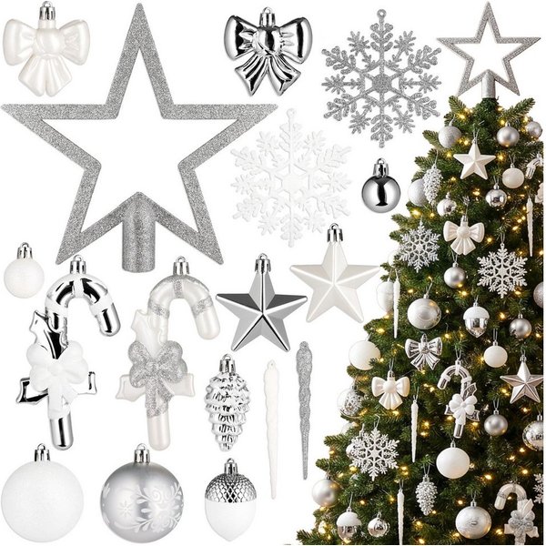 BRUBAKER Weihnachtsbaumkugel 101 Stück Premium Christbaumschmuck - Weihnachtskugel Set (101 St), Schneeflocken, Schleifen, Eiszapfen, Eicheln, Sternen Baumschmu