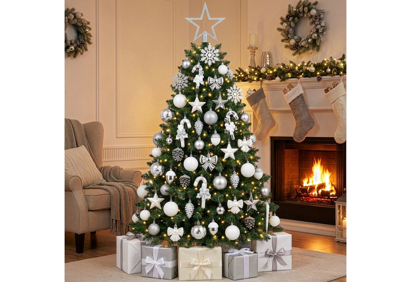 BRUBAKER Weihnachtsbaumkugel 101 Stück Premium Christbaumschmuck - Weihnachtskugel Set (101 St), Schneeflocken, Schleifen, Eiszapfen, Eicheln, Sternen Baumschmu – Bild 2 von 5