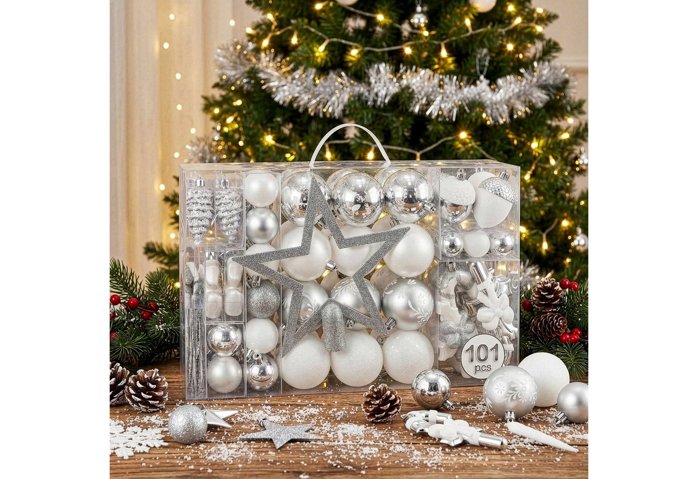 BRUBAKER Weihnachtsbaumkugel 101 Stück Premium Christbaumschmuck - Weihnachtskugel Set (101 St), Schneeflocken, Schleifen, Eiszapfen, Eicheln, Sternen Baumschmu – Bild 4 von 5