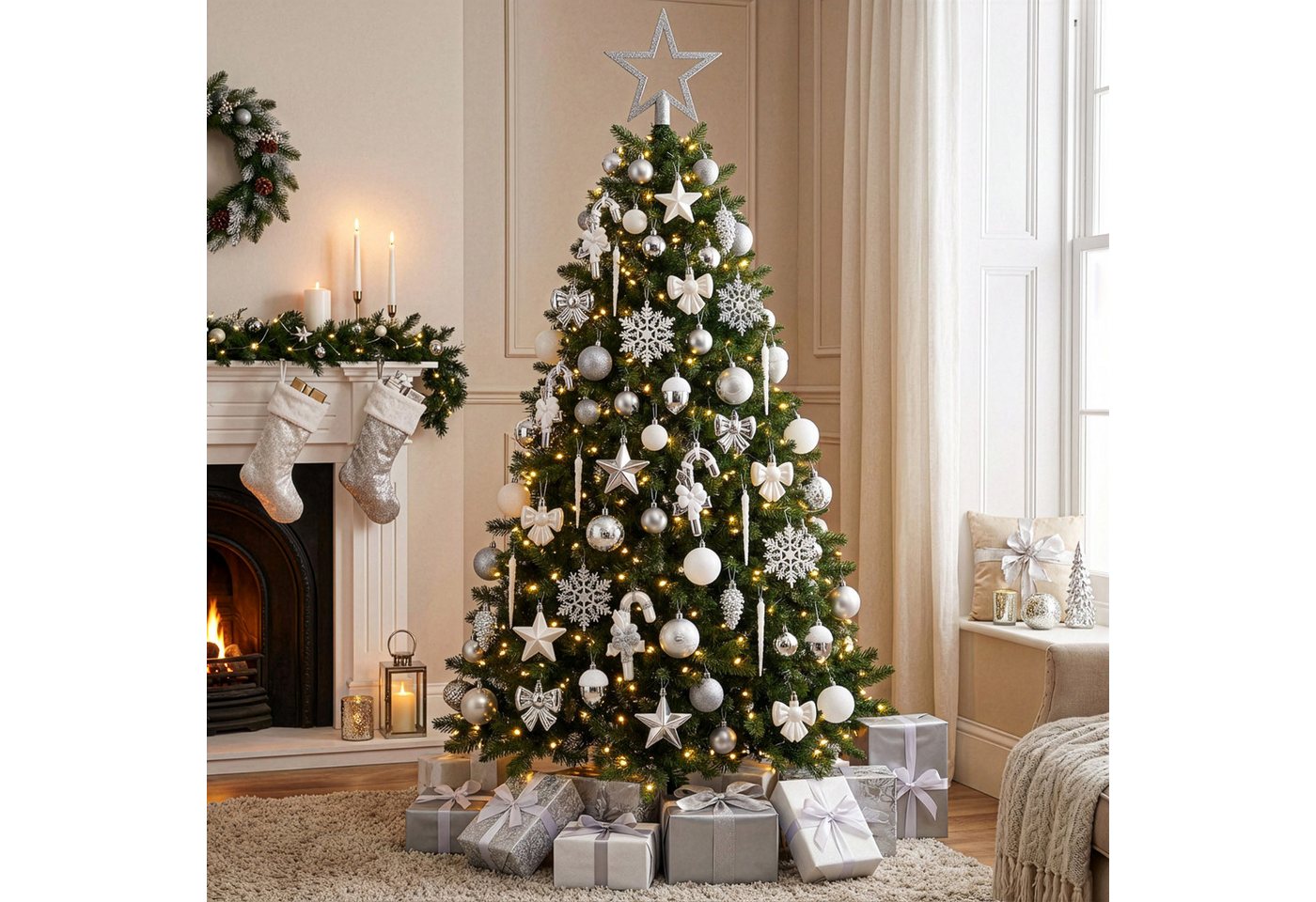 BRUBAKER Weihnachtsbaumkugel 101 Stück Premium Christbaumschmuck - Weihnachtskugel Set (101 St), Schneeflocken, Schleifen, Eiszapfen, Eicheln, Sternen Baumschmu – Bild 5 von 5