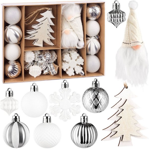 BRUBAKER Weihnachtsbaumkugel 24 Stück Christbaumschmuck Weiß und Silber - Weihnachtskugel Set (24 St), Baumschmuck Wichtel, Tannenbäumen, Schneeflocken und Glit