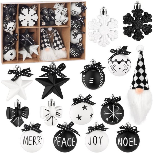BRUBAKER Weihnachtsbaumkugel 24 Stück Christbaumschmuck Black and White - Weihnachtskugel Set (70 St), Wichtel, Schneeflocken, Merry, Peace, Joy und Noel Baumku