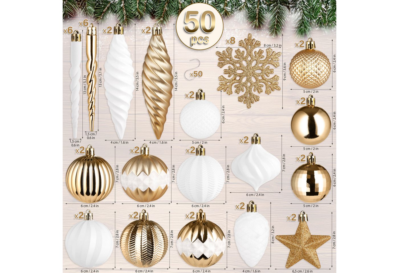 BRUBAKER Weihnachtsbaumkugel 50 -tlg. Premium Christbaumschmuck - Weihnachtskugel Set (50 St), Glitzer Kugeln, Schneeflocken, Eiszapfen und Tannenzapfen Baumsch – Bild 2 von 5