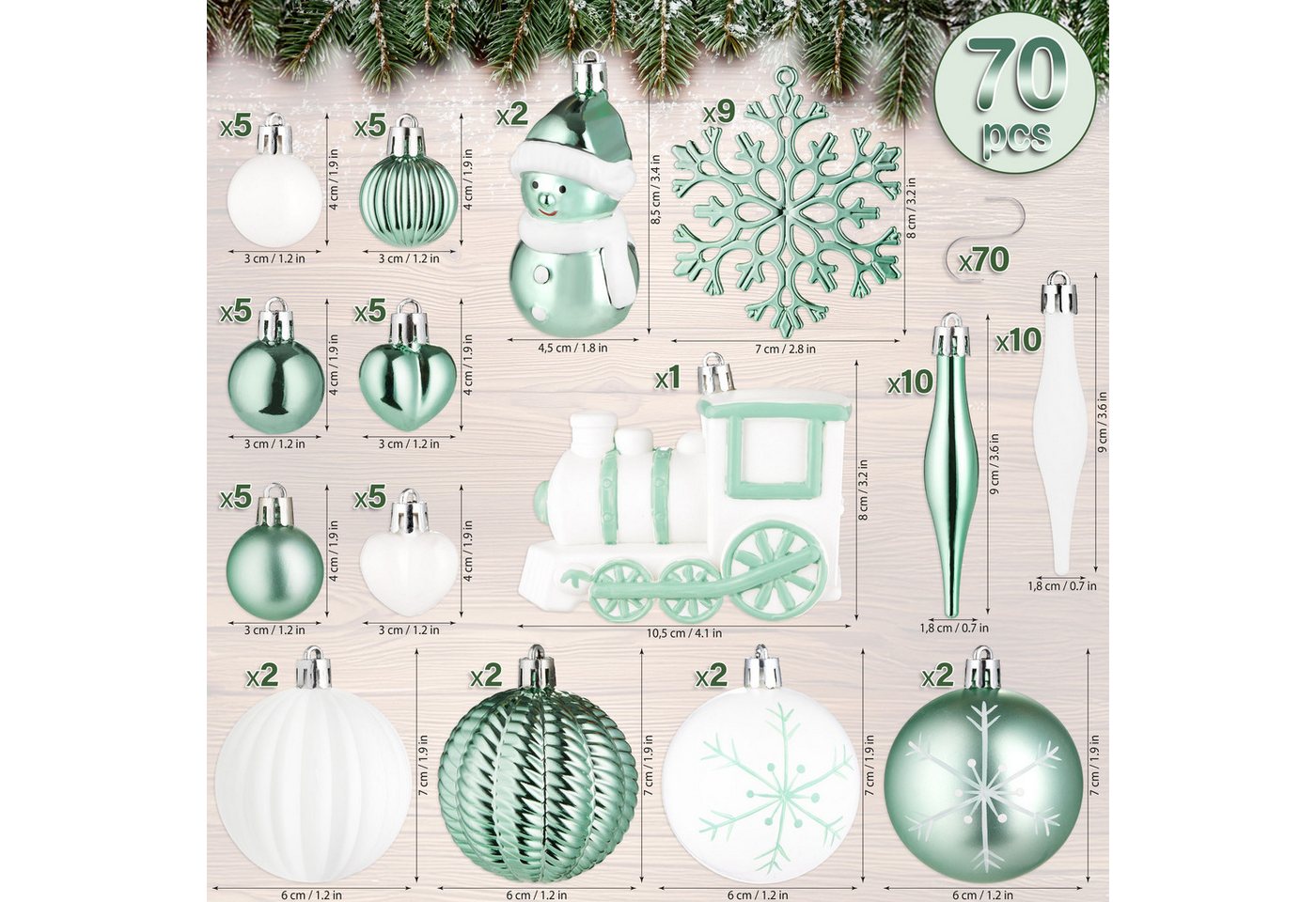 BRUBAKER Weihnachtsbaumkugel Christbaumschmuck - Weihnachtskugel Set mit Lokomotive (70 St), Baumkugel Baumschmuck - Anhänger für Weihnachtsbaum – Bild 2 von 5