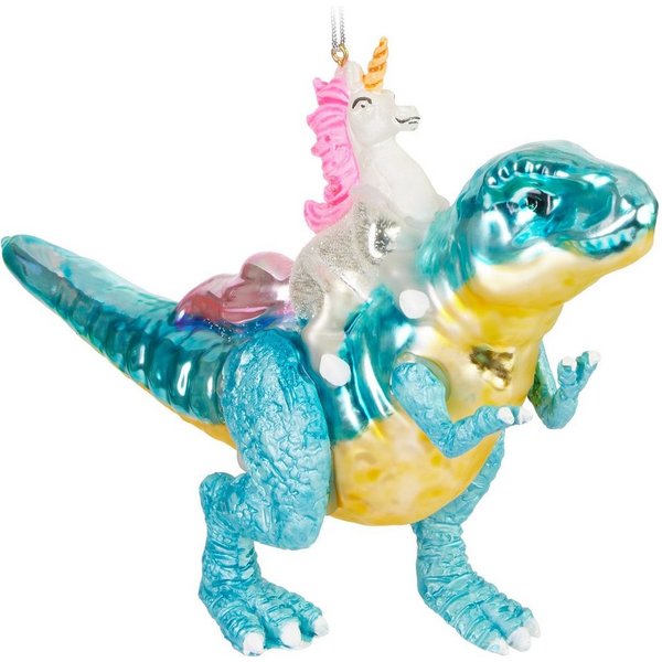 BRUBAKER Weihnachtsbaumkugel Einhorn reitet auf Dinosaurier Weihnachtskugel aus Glas - Handbemalt (1 St), Christbaumschmuck Dino Figur Lustig - Raptor Xmas