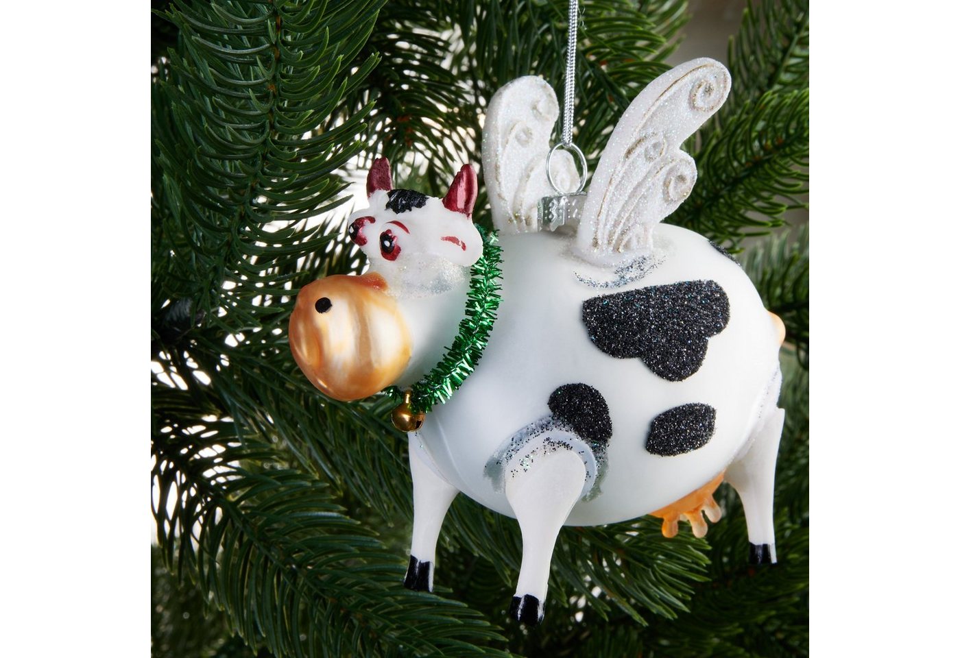 BRUBAKER Weihnachtsbaumkugel Fliegende Kuh Weihnachtskugel - Handbemalter Christbaumschmuck Lustig (1 St), Glas Christbaumkugel Weihnachtsdeko Figur – Bild 2 von 5