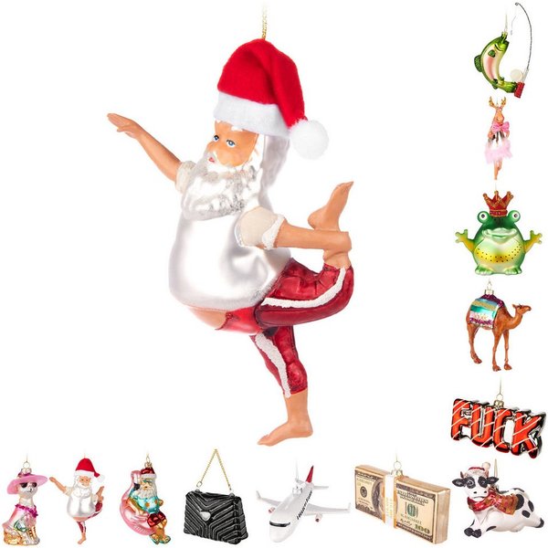 BRUBAKER Weihnachtsbaumkugel Handbemalte Weihnachtskugel - viele lustige Motive - Glas Baumkugel (1 St), Christbaumschmuck Figuren Deko Anhänger Christbaumkugel