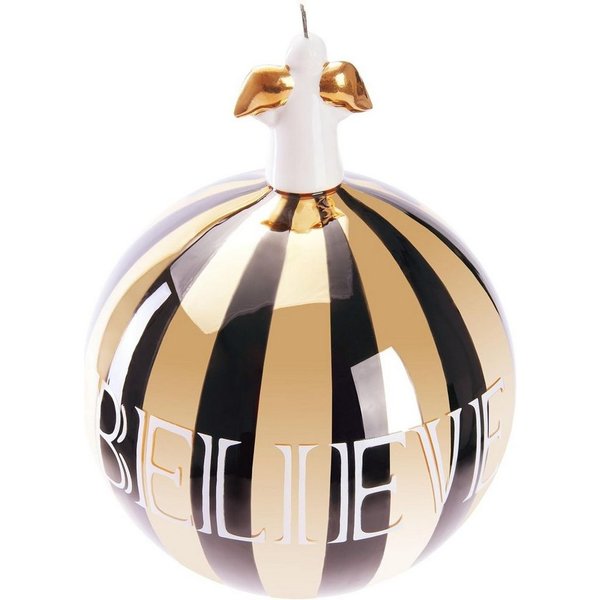 BRUBAKER Weihnachtsbaumkugel Premium Weihnachtskugel Believe Gold Schwarz - 10cm Baumkugel aus Glas (1 St), Christbaumschmuck mit Engel Porzellan-Figur - Christ