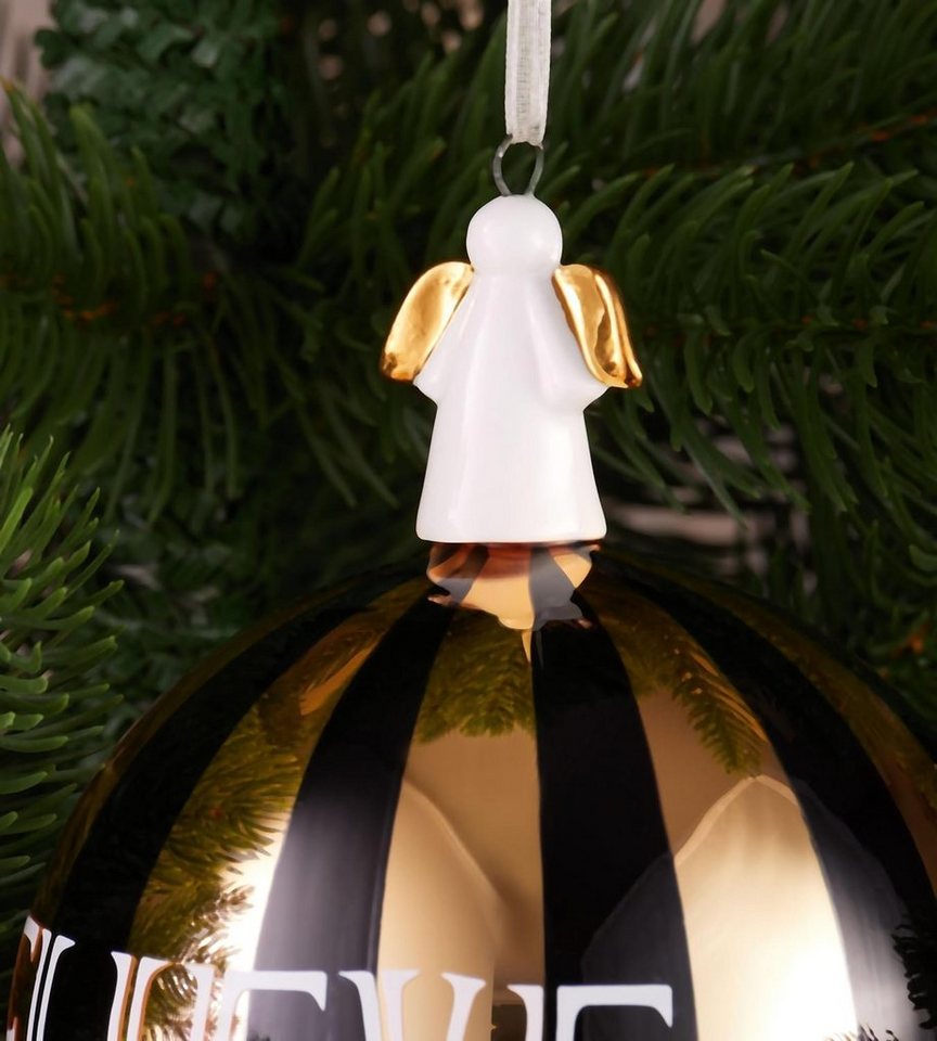 BRUBAKER Weihnachtsbaumkugel Premium Weihnachtskugel Believe Gold Schwarz - 10cm Baumkugel aus Glas (1 St), Christbaumschmuck mit Engel Porzellan-Figur - Christ – Bild 2 von 4