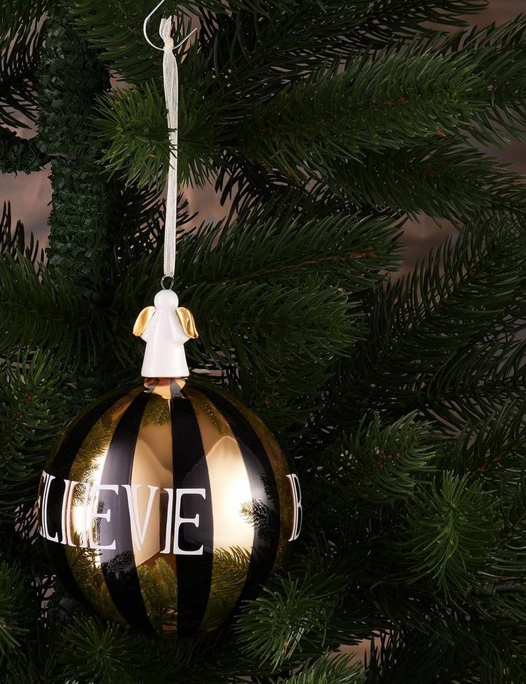 BRUBAKER Weihnachtsbaumkugel Premium Weihnachtskugel Believe Gold Schwarz - 10cm Baumkugel aus Glas (1 St), Christbaumschmuck mit Engel Porzellan-Figur - Christ – Bild 3 von 4