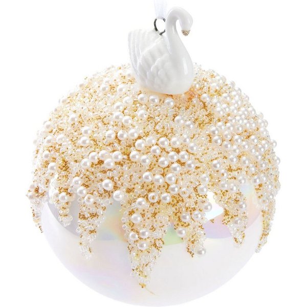 BRUBAKER Weihnachtsbaumkugel Premium Weihnachtskugel in Perlmutt Farbe - 10 cm Baumkugel aus Glas (1 St), Handarbeit - Christbaumschmuck mit Porzellan Figur Sch