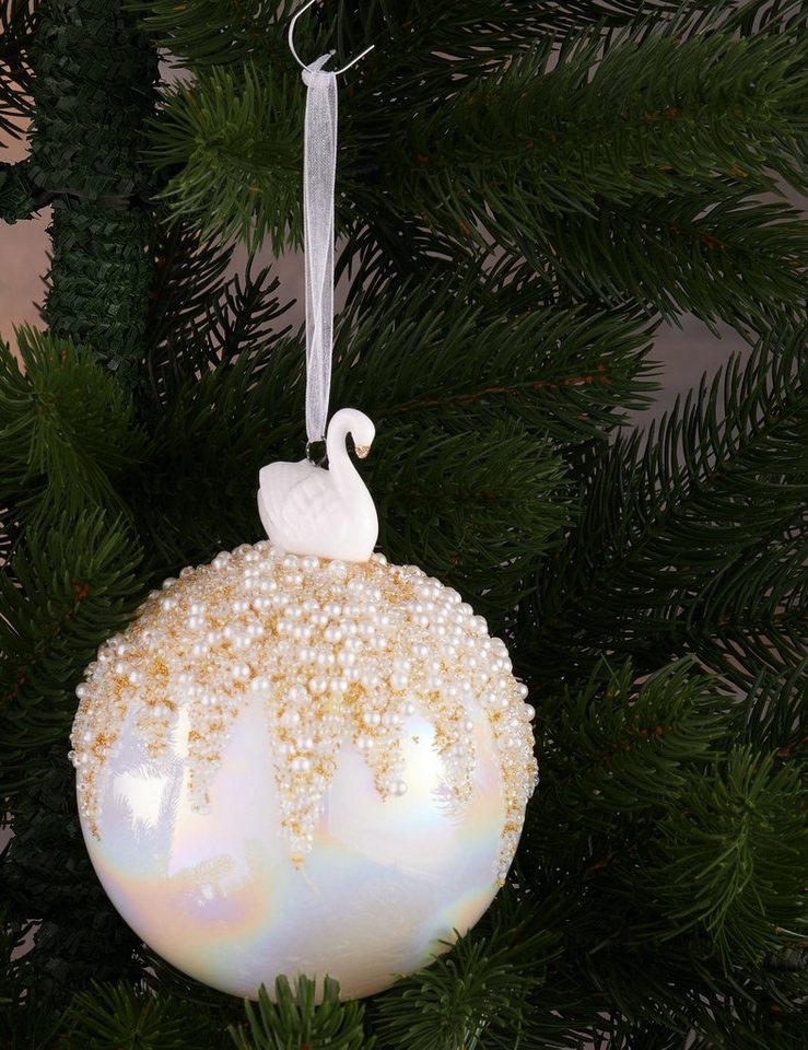 BRUBAKER Weihnachtsbaumkugel Premium Weihnachtskugel in Perlmutt Farbe - 10 cm Baumkugel aus Glas (1 St), Handarbeit - Christbaumschmuck mit Porzellan Figur Sch – Bild 3 von 4